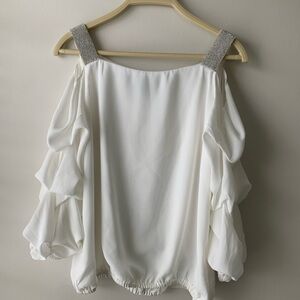 MSK White Off-Shoulder Ruffle Sleeve Blouse with Rhinestone Straps